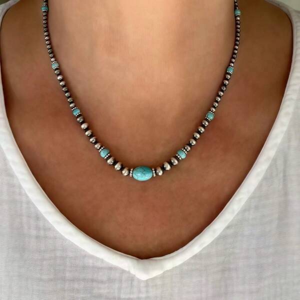 Retro Turquoise Necklace Vintage Western Country Earrings Set Female Ancient Silver Color Beaded Jewelry Set