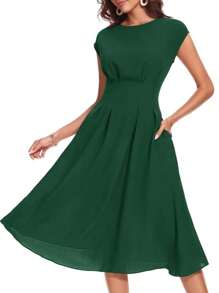 Vestidos de cóctel elegantes para mujer, vestidos de fiesta vintage de corte A, vestidos de noche midi de manga corta con bolsillos.
