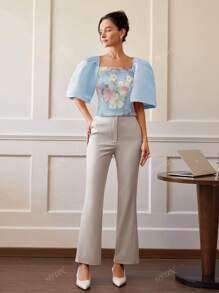 Modern Elegant Women Casual Floral Puff Sleeve Blouse, Spring/Summer Filipiniana Attire
