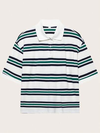 Women's Retro Striped Polo Collar Short Sleeve T-Shirt, Summer