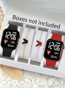 4pcs/Set 2pcs Cartoon Heart Square Digital Watch And 2pcs Butterfly Bracelet Valentine's Day Gift Christmas Gift Graduation Gift Couple Gift Couple Watch Bracelet The Best Choice For Halloween, Christmas, Valentine's Day, Mother's Day, Holiday Gift