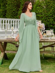 MIUSOL Đầm maxi dự tiệc trang trọng cổ chữ V sâu, đính sequin, phối ren hoa, chất liệu chiffon, thanh lịch dành cho nữ, thích hợp cho mùa xuân. - Màu xanh Bạc hà - Xem 12