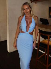 Sexy Backless Ruched Waist Vacation Stype Mini Dress - Blue - View 8