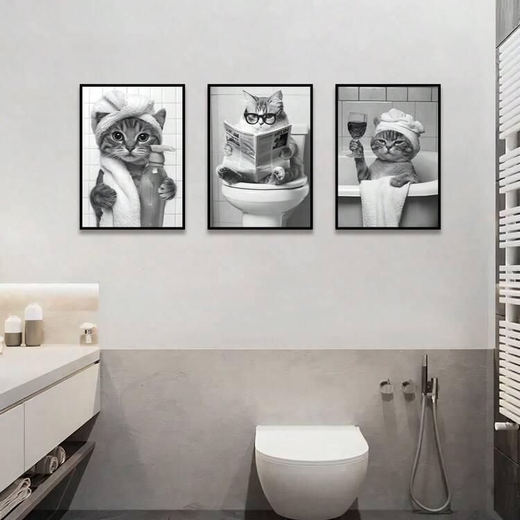 3pcs Optional Frame Canvas Wall Art, Black And White Cute Animal, Modern Minimalist Abstract Art Deco Style, Funny Cat, Portrait Orientation, Geometric Pattern, With Canvas Art Print, For Bathroom Decor, Laundry, Home Decor, Gift, Wall Art With Frame