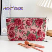 Red Rose Floral Pattern Handbag Cosmetic Pouch, Portable Sanitary Napkin Organizer Bag, Large Capacity Wallet, Zipper Storage Bag For Travel & Makeup Brushes