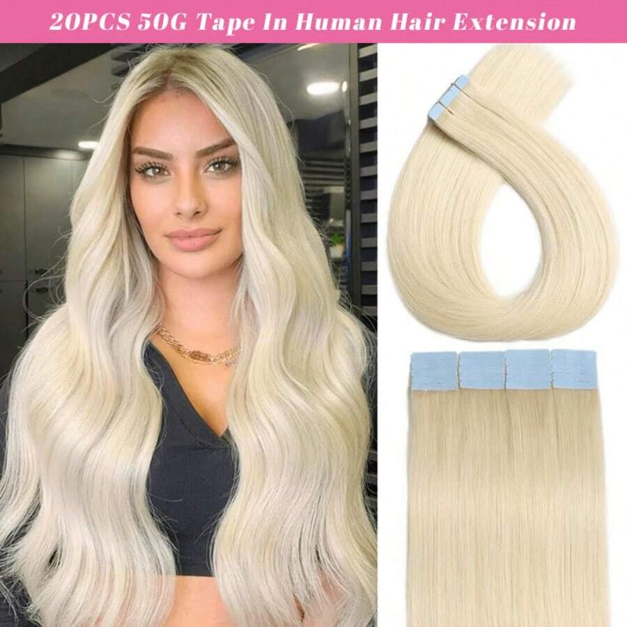 Tape In Hair Extensions, Invisible Human Hair Extensions, Seamless Skin Weft Remy Human Adhesive Tape In Hair Extensions, 20Pcs/Pack Silky Straight, 16-26 Inch, Platinum Blonde 60# - S60 - View 1