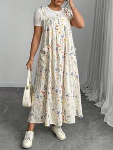 Plus Size Floral Print Women Double Pocket Strap Midi Dress - Apricot - View 4