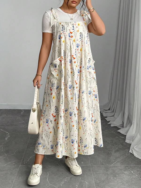 Plus Size Floral Print Women Double Pocket Strap Midi Dress