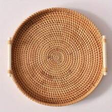 1pc Round Hand-Made Cane Storage Tray, Japanese Solid Color Wicker Decoration With Handle, Table Breakfast, Coffee, Drinks, Snacks Fruit Storage Tray, Suitable For Table And Home Desktop Decoration