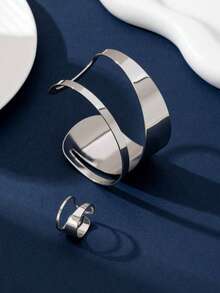 1 Set Minimalist Geometric Hollow Double-Layer Bracelet, Bracelet And Ring Jewelry Set, Gift For Women - Bracelet + Ring - View 9