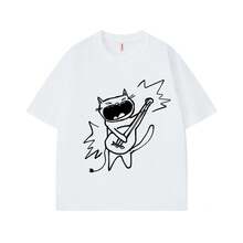 Creative Hand-Painted Rock Cat American Style T-Shirt Unisex Summer  Loose Round Neck Short Sleeve Niche - White - View 1