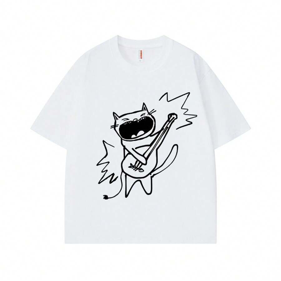 Creative Hand-Painted Rock Cat American Style T-Shirt Unisex Summer  Loose Round Neck Short Sleeve Niche - White - View 1