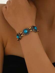 1 pieza Brazalete de piedra verde vintage para mujer, joyería de declaración de estilo bohemio