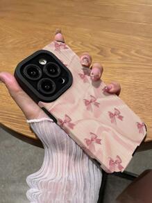 1pc Black Bow Striped Faux Leather Protective Soft Phone Case, Compatible With Apple And 15/15PLUS/15PRO/15PROMAX