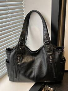 In 2025, The New Fashion Classic Joker Solid Color Large-Capacity Retro Pu Fabric Shoulder Tote Bag Is Suitable For Shopping.In 2025, The New Fashion Classic Joker Solid Color Large-Capacity Retro Pu Fabric Shoulder Tote Bag Is Suitable For Shopping., Fashionable Tote Bag With Zipper, Tote Bags For Ladies