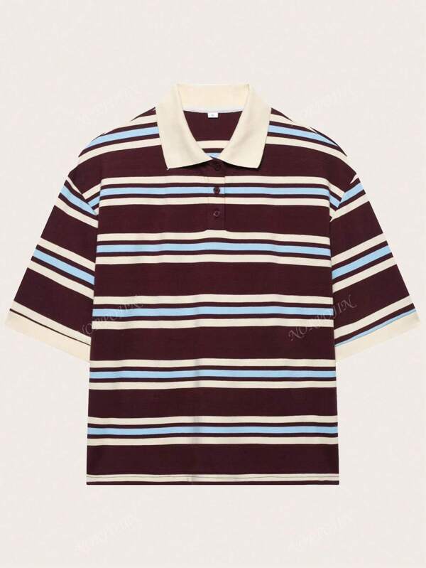 Women Striped Short Sleeve Retro American Style Polo T-Shirt, Summer