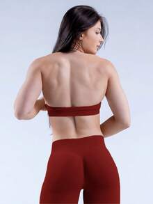 Women Halter Sports Bra Seamless U-Neck Removable Padded Open Back Yoga Gym Workout Crop Tank Top - Burgundy - View 4