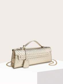 女士晚宴手拿包，方形大容量设计，优雅百搭，时尚简约，适合外出场合 - 金色 - 查看 3