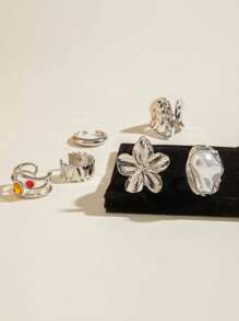 6 Stücke vintage elegant modische antike Geld-Stil französisch Barock Künstliche Perle Blumen Metall Lava Hohlkanal Eingelegt bunte Edelstein Ring Set, vielseitige hochwertige Stapel Party Hochzeit Dates Geschenk für Frauen Strand Urlaub Sommer