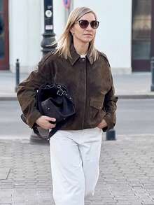 Damen Bomberjacke mit langen weiten Ärmeln, Reißverschluss, Vintage Wildleder Jacke, Mantel, Damen neue Mode Jacken Oberbekleidung - Braun - Übersicht 6