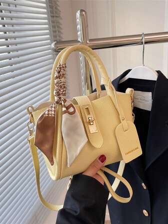 1pc Lychee Texture Solid Color Fashion Zipper Lock PU Handbag With Detachable Scarf Decor, Suitable For Daily Use