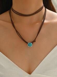 1 pieza Collar multicapa envuelto con colgante de corazón hueco y óvalo de aleación de estilo vintage bohemio, adecuado para el uso diario de la mujer - E - Ver 3