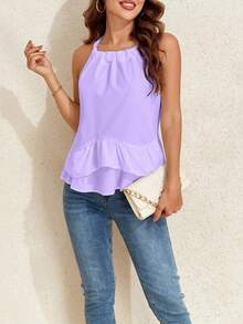 Summer Casual Solid Color Ruffle Halter Neck Blouse - Purple - View 7