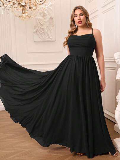 Plus Size AOSHABABI Black Pleated Chiffon Spaghetti Strap Elegant Evening Gown Dress Suitable For All Formal Occasions, Galas, Wedding Guest, Music Festivals, Holiday Parties, Graduations, Cocktails, Dates, Vacations And Bridesmaid Dresses., Party Dress