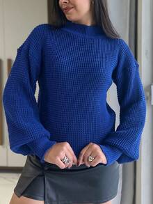 Fang Tricot Puff Sleeve Blouse Women's Long Sleeve Sweater Fashion Blogger - Xanh đậm - Xem 1