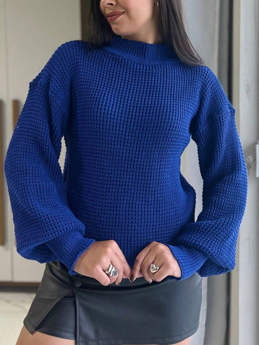 Fang Tricot Puff Sleeve Blouse Women's Long Sleeve Sweater Fashion Blogger - Xanh đậm - Xem 1
