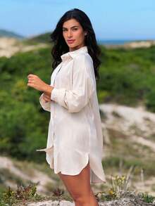 Plain Chemise Shirt Beach Cover-Up - Beige - View 4