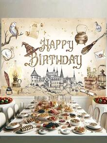 1PC Magical Birthday Wizard Background Witch Magic Castle Vintage Book Owl Birthday Background Cloth Suitable For Photography Background Of Cake Table Decoration, Suitable For Home Indoor And Outdoor Birthday Party Decoration, Suitable For Celebration And Photography Suitable For Birthday, Etc. - Multicolor - View 7
