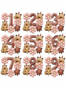 7pcs 40inch Caramel Chocolate Foil Number Capybara Theme Balloon Daisy Flowers Birthday Party Decoration