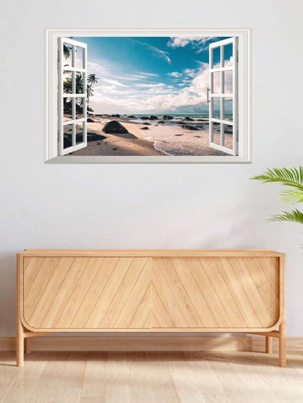 1 Set Of 1 Pc, Simple Summer Creative Beach Landscape Wall Art, Removable Wall Sticker, Decor For Living Room, Bedroom Background Wall, Fake Window Wall Sticker, Self-Adhesive Wall Decal Wall Stickers Room Decor Wall Decor Personalised Stickers