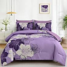 7 Pieces Floral Yellow/Aqua/Navy Blue Floral Comforter Set Queen King Bed In A Bag Botanical Floral Comforter Soft Soft Microfiber Complete Bedding Sets For Fall And Wedding Items,Valentines Day Home Bed Room Decor,Easter Gifts,Mothers Day Gift,All Season - 薰衣草色 - 查看 1