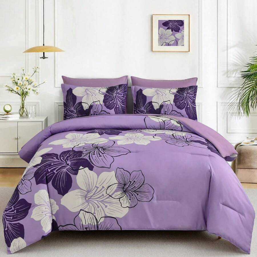 7 Pieces Floral Yellow/Aqua/Navy Blue Floral Comforter Set Queen King Bed In A Bag Botanical Floral Comforter Soft Soft Microfiber Complete Bedding Sets For Fall And Wedding Items,Valentines Day Home Bed Room Decor,Easter Gifts,Mothers Day Gift,All Season - 薰衣草色 - 查看 1