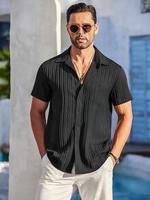 Camisas Casual de Hombre de Manga Corta para salir,  Camisas Para Hombre de Manga Corta Fiesta en playa,Verano - Negro - Ver 2