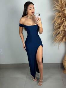 Sexy Off-The-Shoulder Long Fitted Dress With Side Slit - Navy Blue - View 1