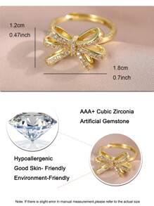 1 Peça Elegante Anel Aberto Dourado de Mulher com Laço de Zircônia Cúbica, Anel de Casal Glamoroso para Aniversário, Encontro, Solteiro, para Uso Diário, Formatura, Presente de Joias
