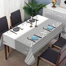 1pc Modern Simple Style Tablecloth, Gray & White Striped Leaf Pattern Washable & Easy To Clean Tabletop Cover, Suitable For Indoor/Outdoor Multiple Scenes Decoration, Home Living Room Kitchen Decor, Picnic Holiday Party