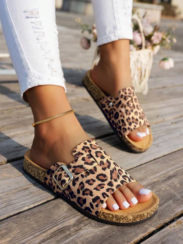 Open teen sandalen voor dames, voor de lente en zomer, klassiek en eenvoudig ontwerp, modieus en veelzijdig, blauw en bruin, kurken zool, dierenprint, verstelbare gespband, geschikt voor ontspanning op het strand en in de buitenlucht