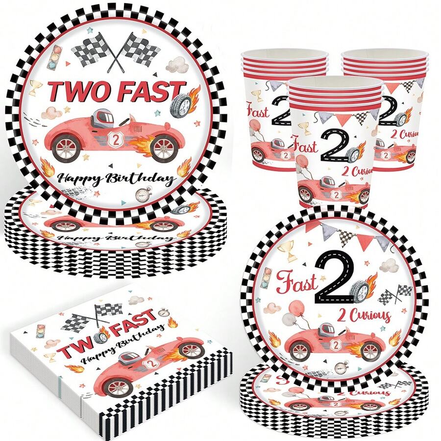 10pcs/20pcs/50pcs Race Car 2nd Birthday Party Decorations Tableware Red Two Fast Birthday Decorations Party Supplies Paper Plate, Cup, Napkin For Two Fast Two Curious Birthday Decorations - Multicolor - View 1