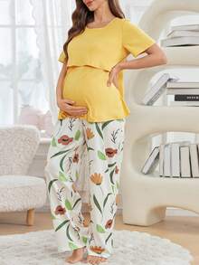 2pcs Maternity Nursing Set, Floral Print Pants And Solid Color Top, Maternity Loungewear - Multicolor - View 3