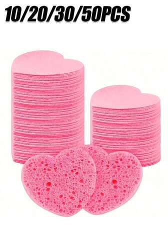 10/20/30/50 件心形压缩洁面海绵，用于面部清洁、按摩、去角质、敷面膜、卸妆 - 超柔软去角质卸妆深层清洁海绵，无香型，男女通用，旅行护肤必备，心形设计，温和磨砂材质