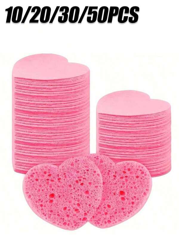 10/20/30/50 Pcs Heart-Shaped Compressed Face Cleaning Sponges, For Facial Cleansing, Massage, Exfoliation, Face Mask, Makeup Removal - Ultra-Soft Exfoliating Makeup Remover Deep Cleansing Sponge, Fragrance-Free, Unisex, Travel Skincare Essential, Heart Design, Gentle Scrub Material