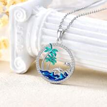 Summer Ocean Palm Tree Hollow Design Necklace & Earring Jewelry Set, Palm Tree, Sea Wave, Mother-Child Dolphin Pendant Necklace, Gift For Women, Girlfriend, Mom