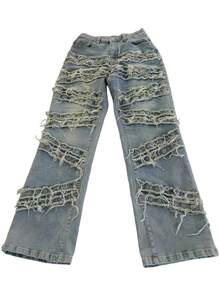 2025 Summer New Denim Laminated Hole Washed Straight Tube Fringe Fashion Casual Jeans - Màu xanh lam - Xem 6
