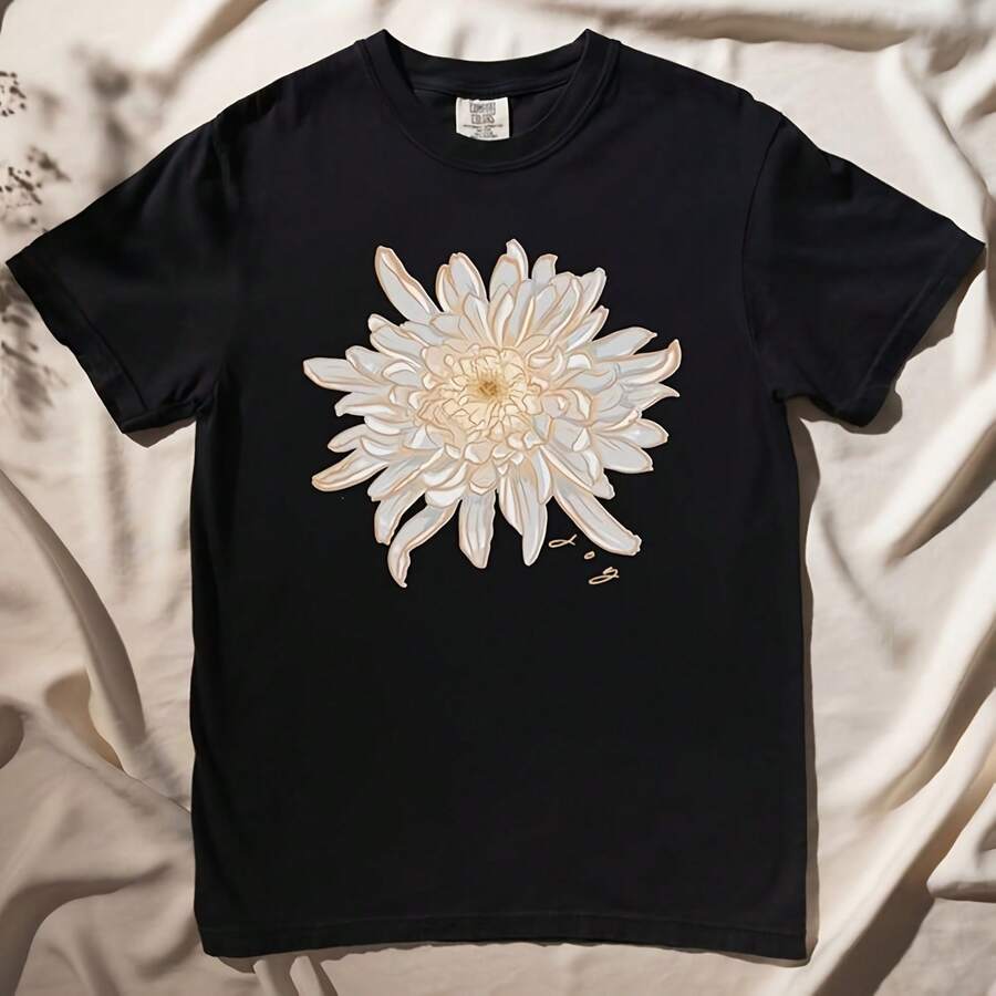 Botanical Floral Shirt Chrysanthemum T Shirt Gift For Her___220g High-Quality Pure Cotton T-Shirt With Minimalist Printing, Soft And Breathable Fabric, Comfortable And Loose, Suitable For All Day Wear, Suitable For Office Casual Wear, Spring And Summer Daily Appearance, Elegant And Youthful Design - Black - View 1