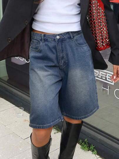 Street Y2K Mid-Rise Loose Fit Slant Pocket Wide Leg Casual Bermuda Denim Shorts Jean Jorts For Spring Summer