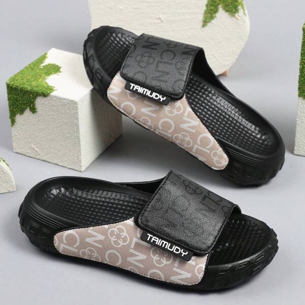 2024 Summer New Men's Letter Print Slippers, Dual Color Contrast Design Logo Strap, 3D Non-Slip Cushioned Sole, Casual Indoor & Outdoor